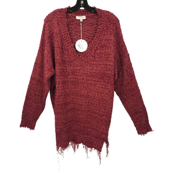 Umgee Sweater Womens XL Distressed Hem V Neck Pullover Knit Wine NEW - Picture 1 of 16